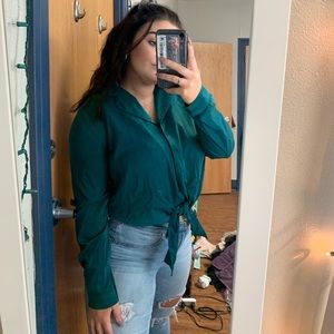 Tie front forest green button-up